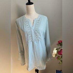 KRAZY KAT Blouse Lace Front  Dotted Swiss Bell Sleeves Seafoam LARGE